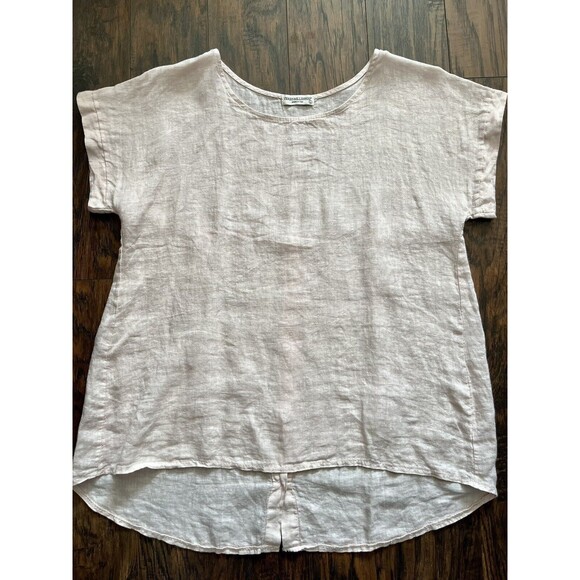 Terzo Millennio Top Large Beige 100% Linen Button Back Hi Low Hem Pullover Shirt - Picture 2 of 8